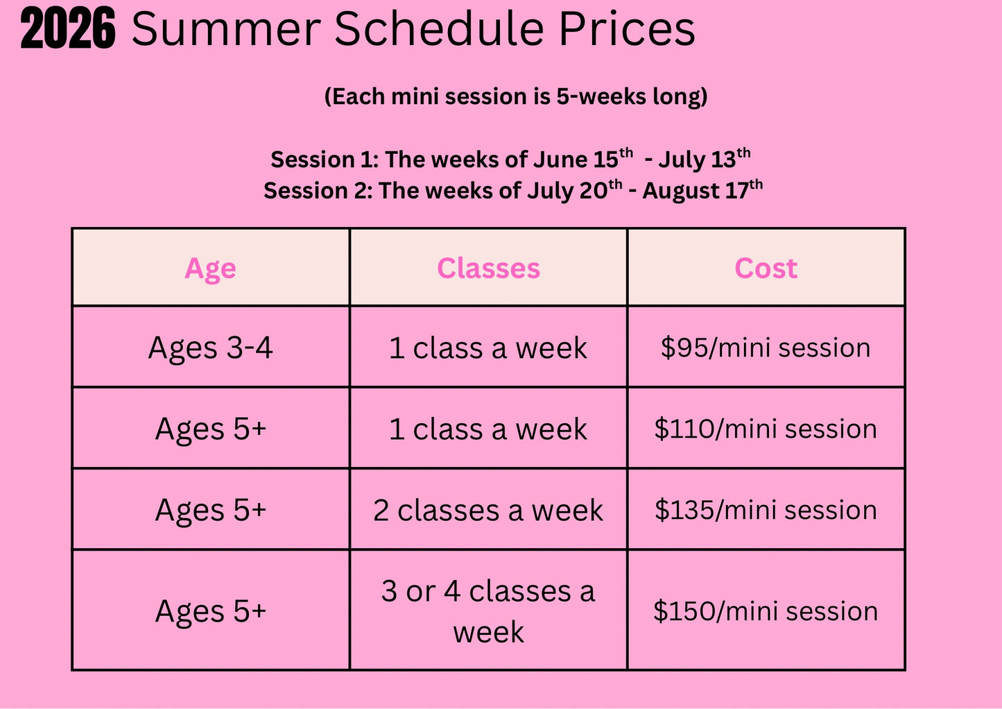 Summer Mini Session Registration